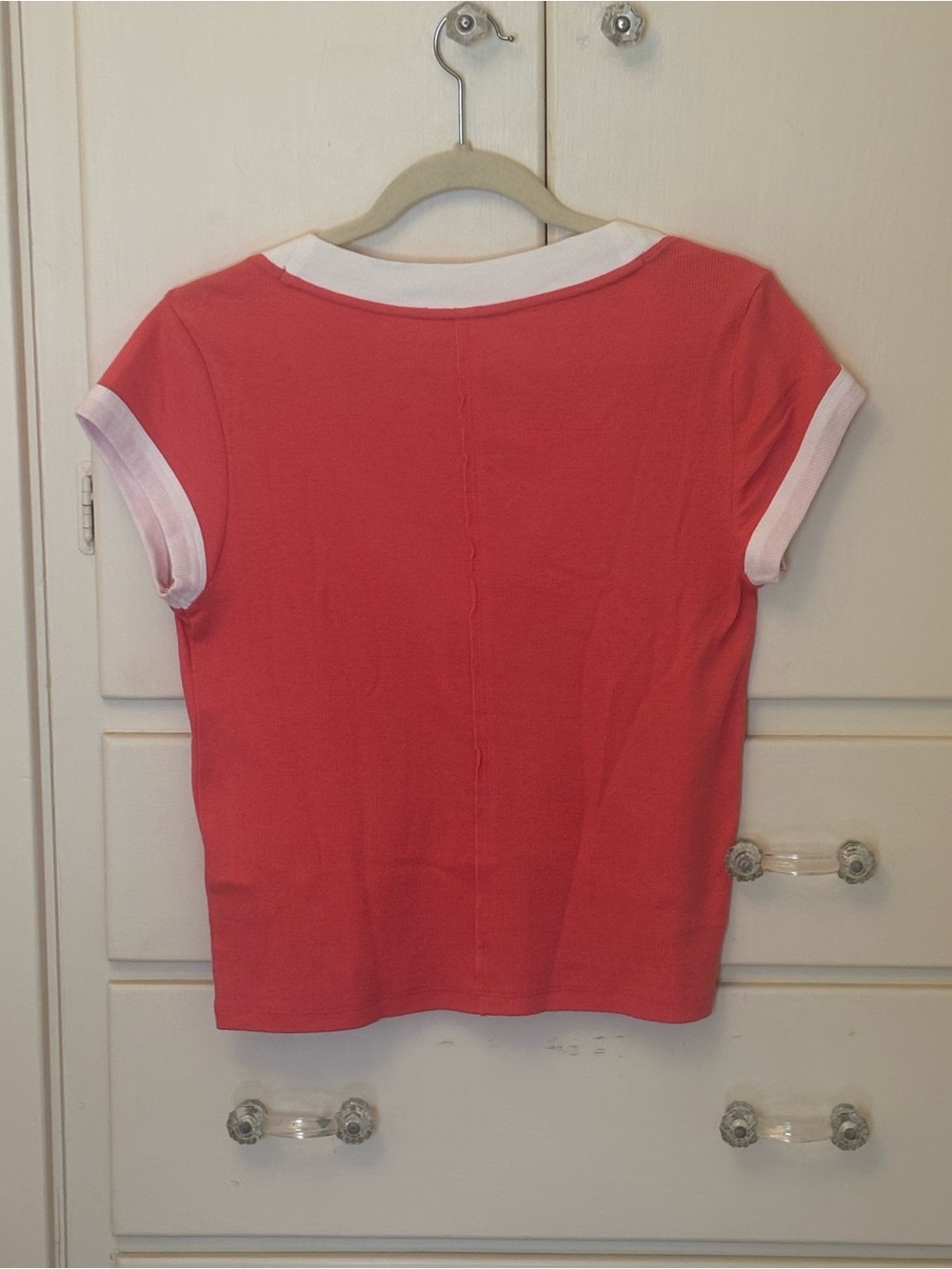 Pilcro (Anthropologie) Pink V-Neck Crop Tee with White Trim - Picture 3 of 3